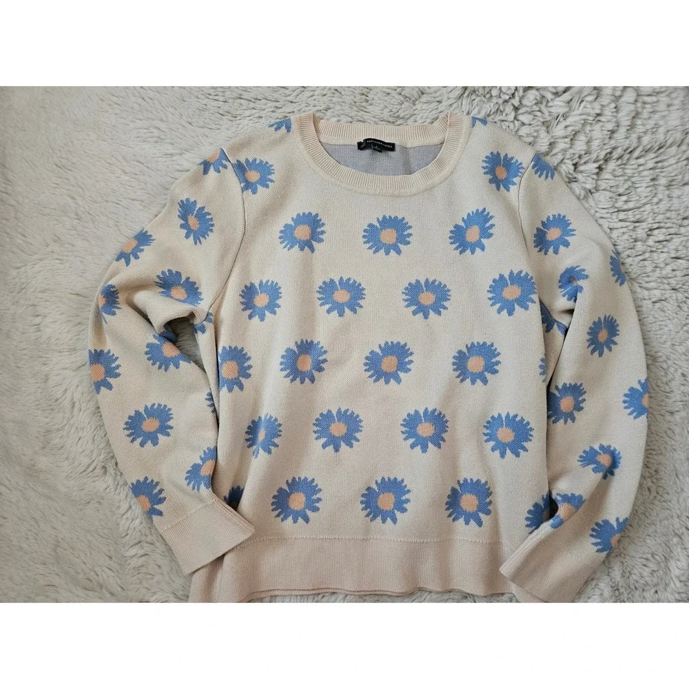 Adrianna Papell Daisy Floral Intarsia Knit Sweater Large Blue Cream